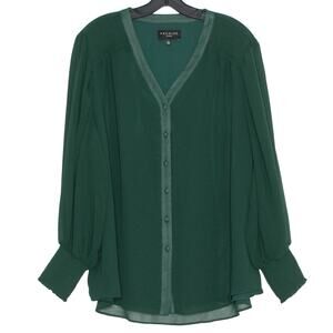 Flowy Boho Peasant Top Button Front Bishop Sleeve Green Plus Size 2X Cottagecore